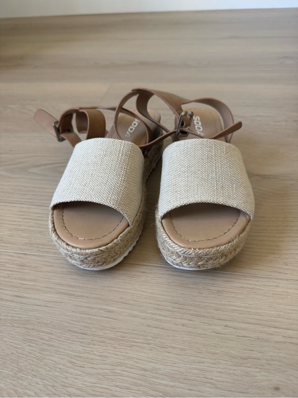 Soda Beige Canvas Espadrille Platform Sandals with Tan Ankle Straps